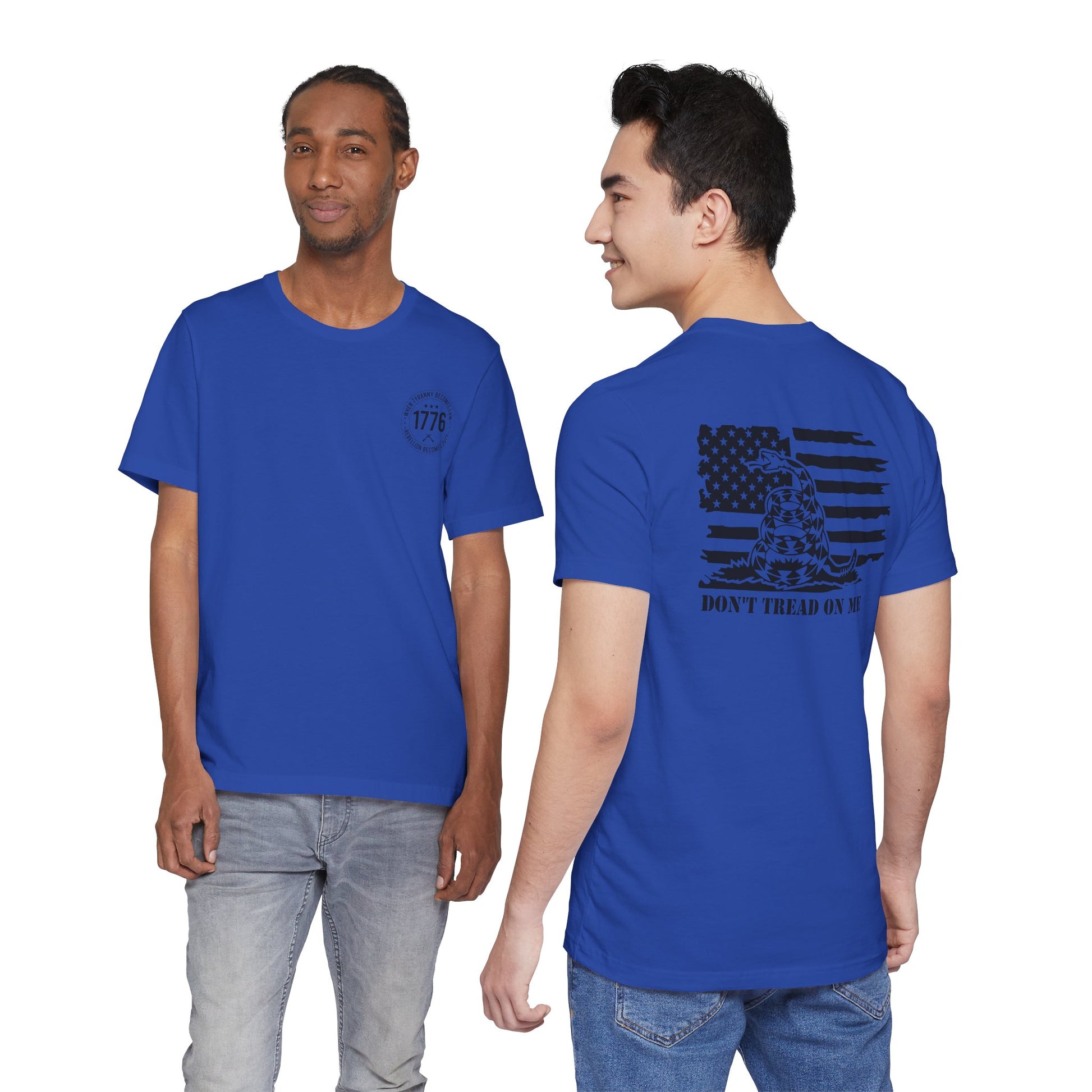 Two people wearing blue t-shirts with a front and back design on a white background