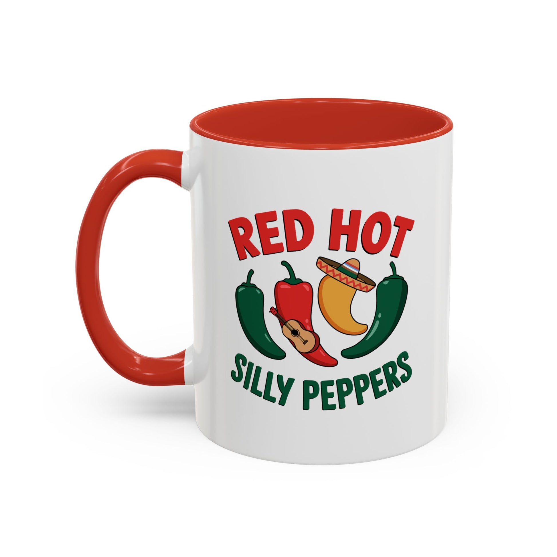 White mug with red interior and handle, featuring 'Red Hot Silly Peppers' design with chili peppers and sombrero.