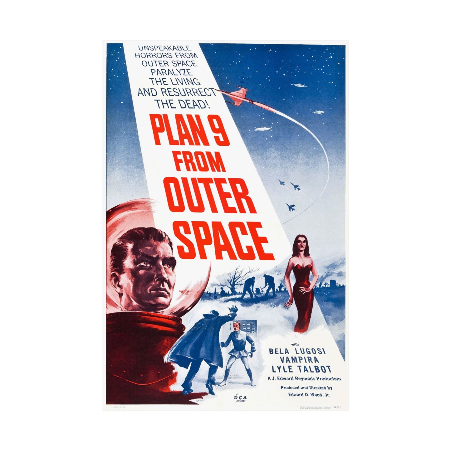 Vintage movie poster for 'Plan 9 from Outer Space' with dramatic lighting and characters.