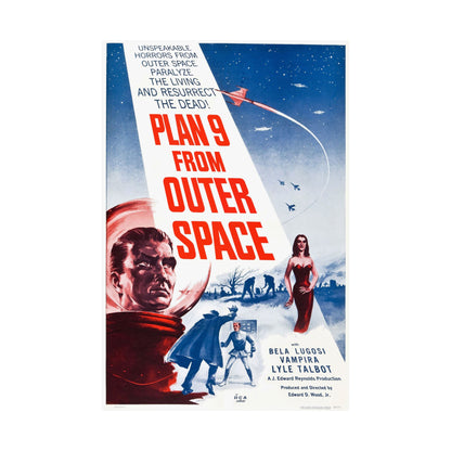 Vintage movie poster for 'Plan 9 from Outer Space' with dramatic lighting and characters.