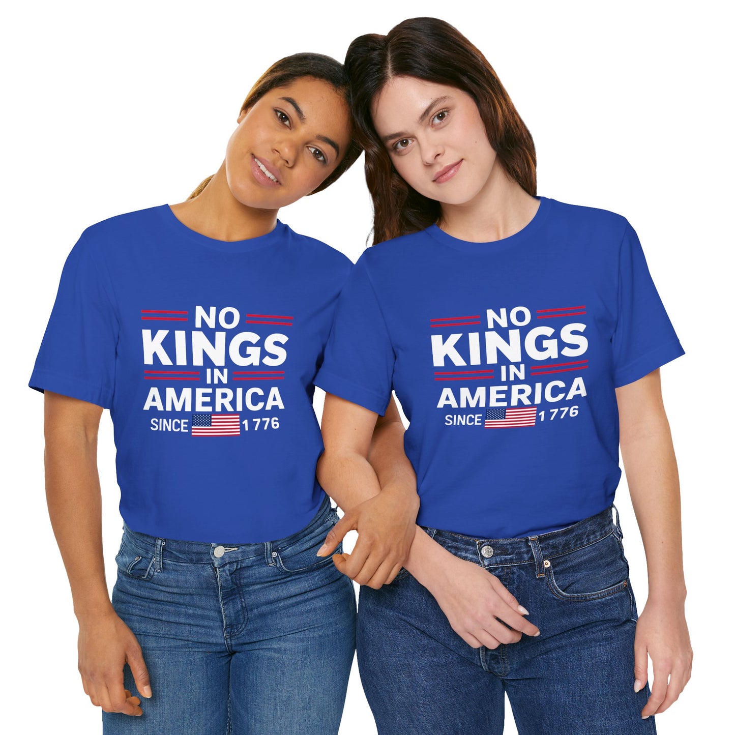 Two people wearing blue t-shirts with 'No Kings in America Since 1776' text.
