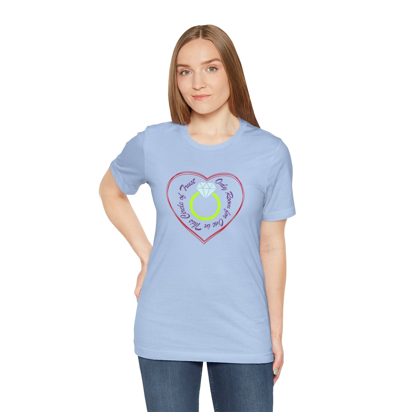 Woman wearing a light blue t-shirt with a heart and ring design on a white background