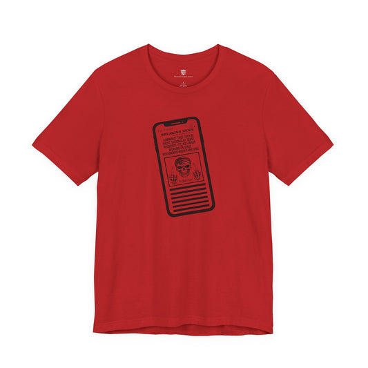 Red t-shirt with black graphic design on a white background