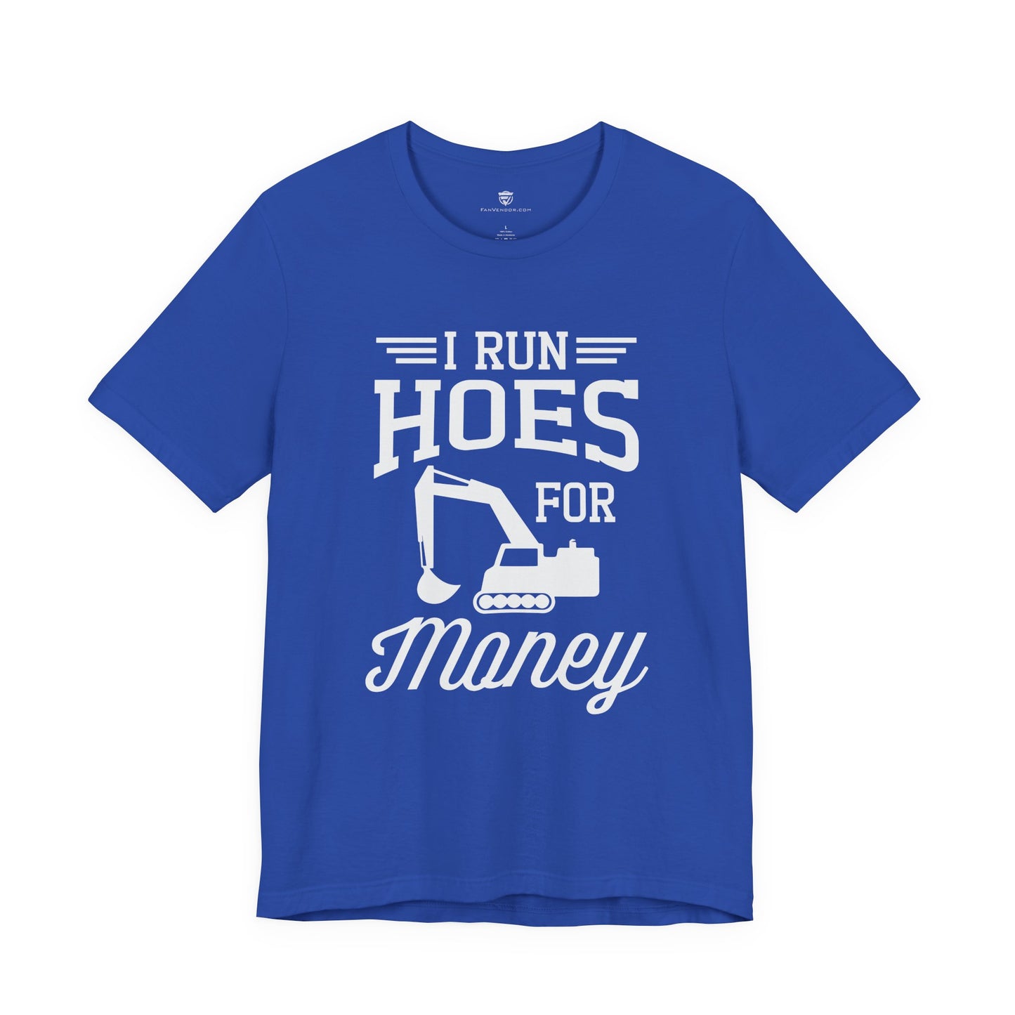 Blue t-shirt with white text and graphic on a white background