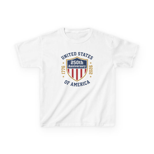 White t-shirt with 250th Anniversary of the United States design on a white background