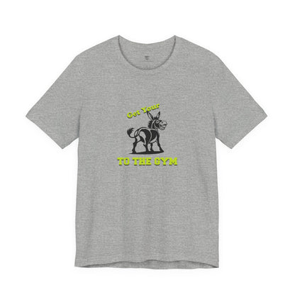 Gray t-shirt with a graphic and text on a white background