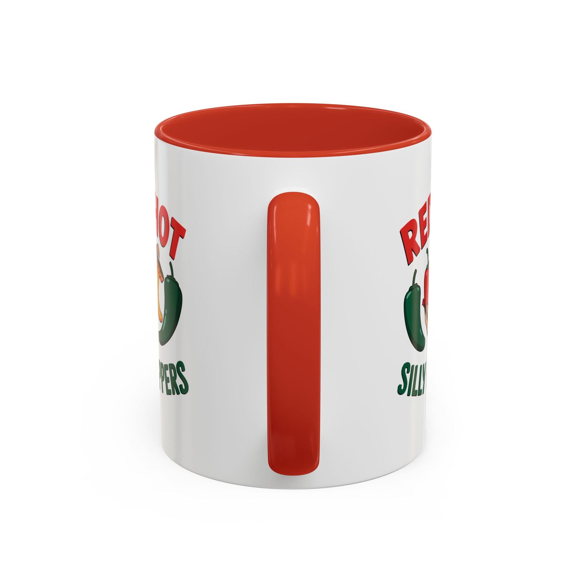 White mug with red interior and handle, featuring hot pepper graphics and text.