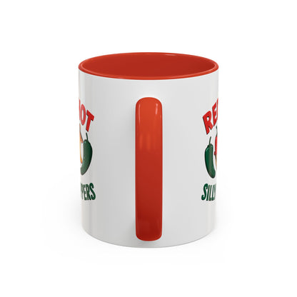 White mug with red interior and handle, featuring hot pepper graphics and text.