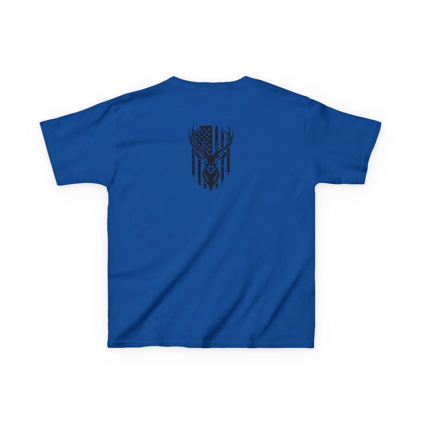 Blue t-shirt with a black graphic design on the back against a white background
