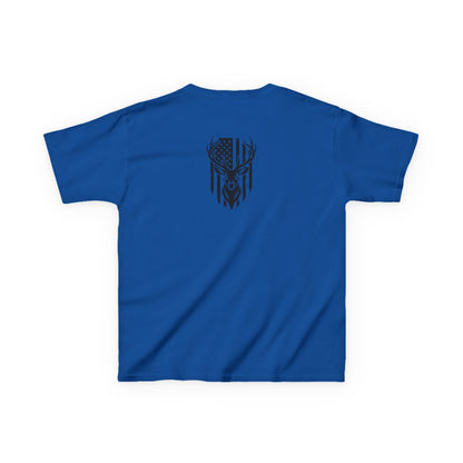 Blue t-shirt with a black graphic design on the back against a white background