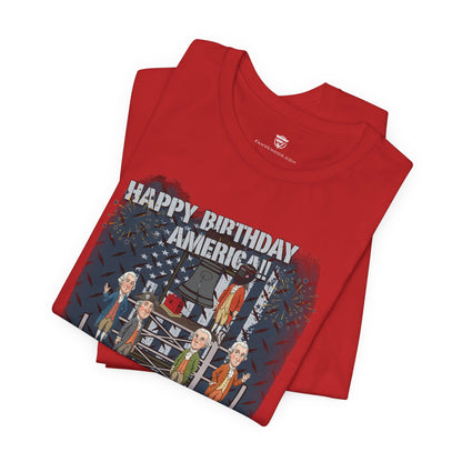 Red t-shirt with graphic design and text 'Happy Birthday America' on a white background