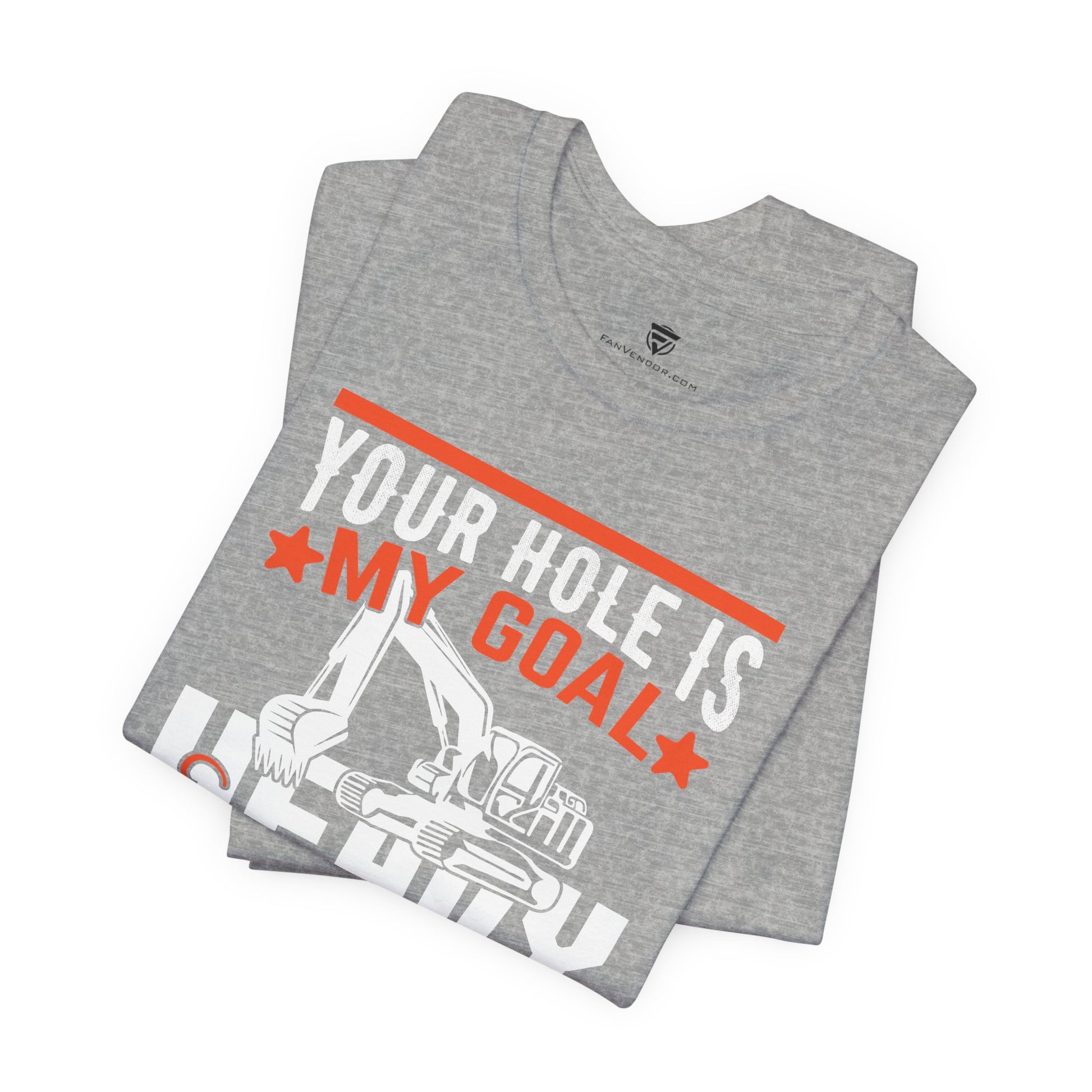 Gray t-shirt with humorous graphic and text on a white background