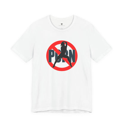 White t-shirt with a graphic design featuring a red circle with a line through it, a figure, and the word 'PORN' on a white background.
