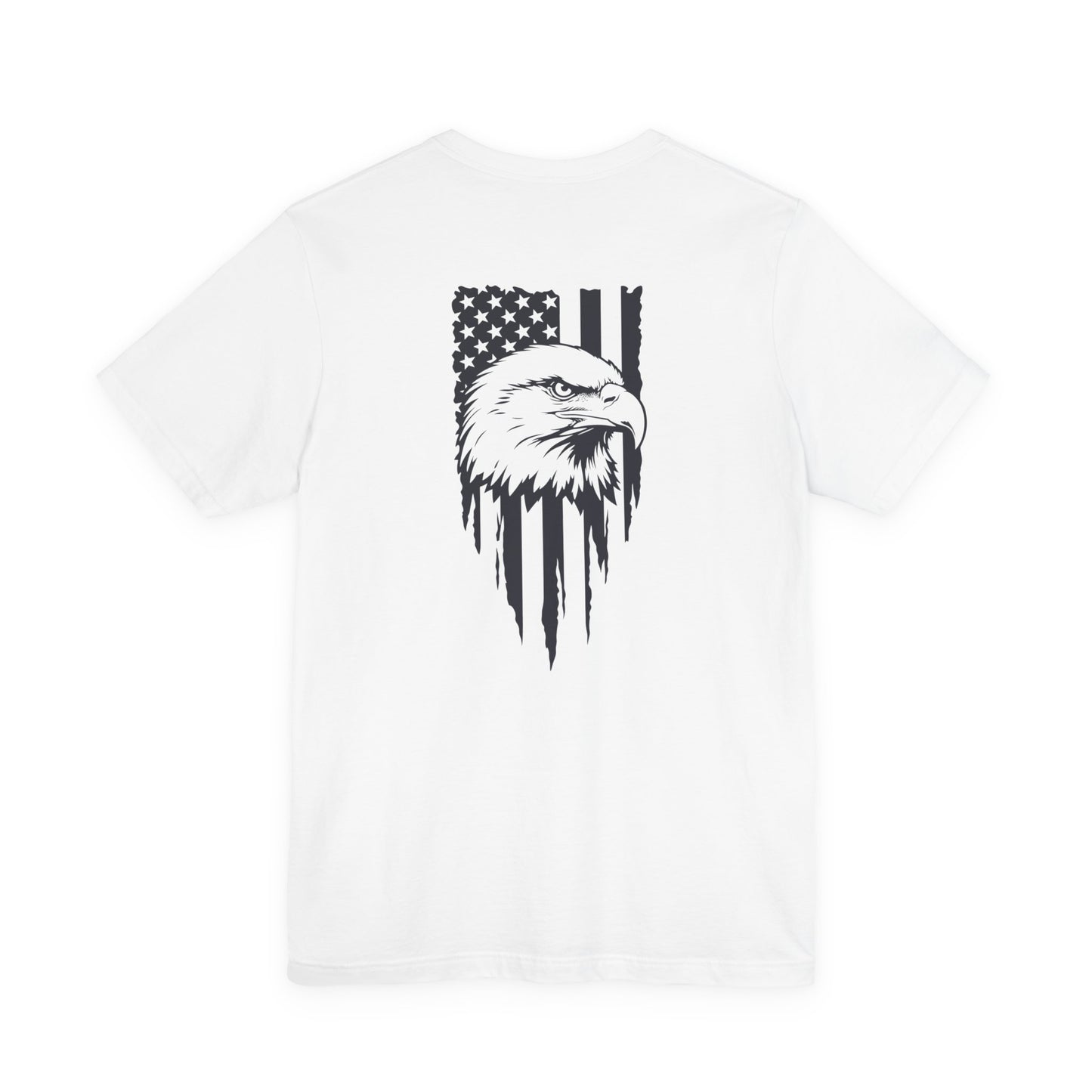 White t-shirt with black eagle and American flag design on a white background