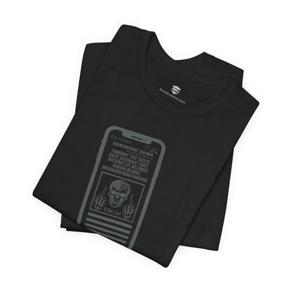 Gray t-shirt with text and teapot graphic on a white background