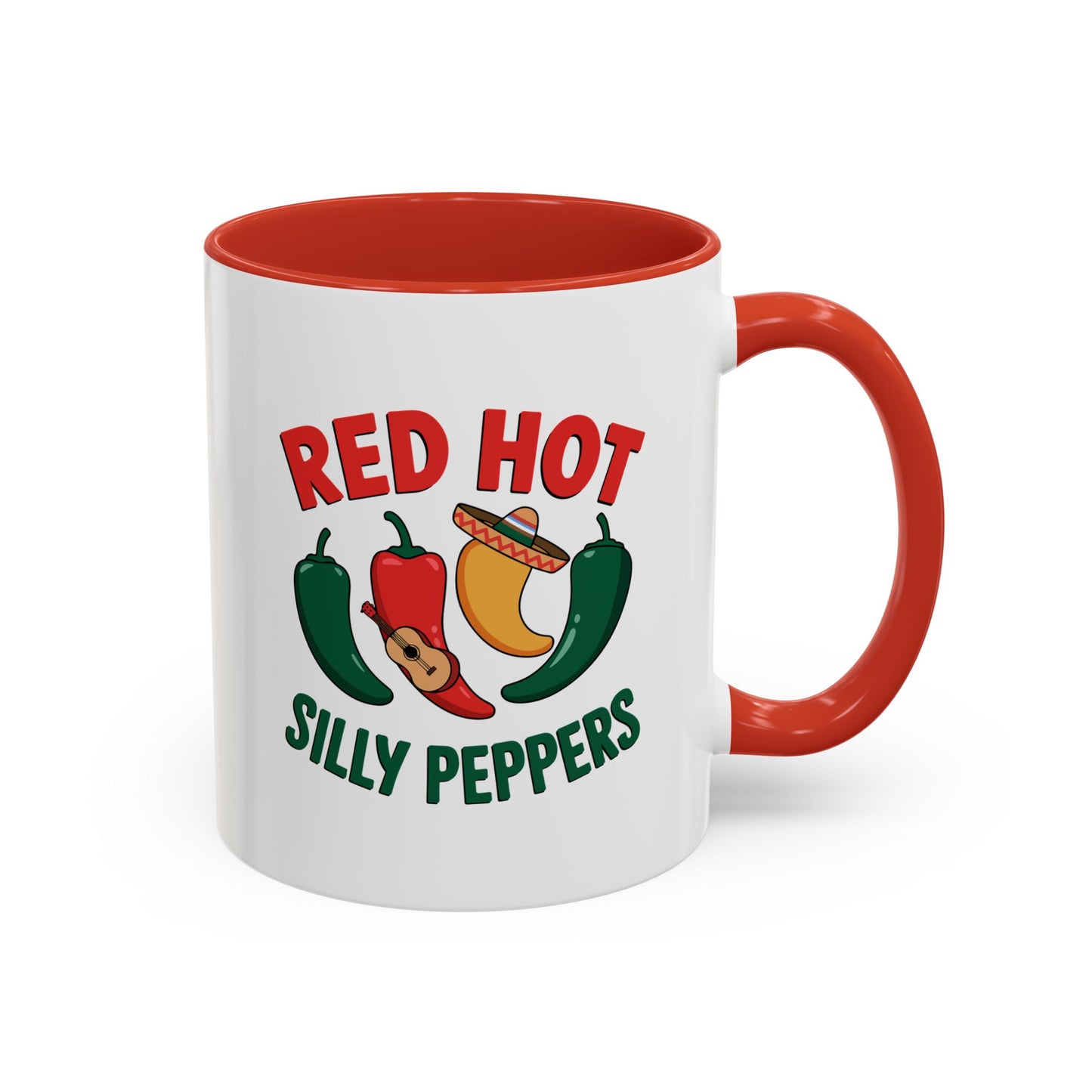 White mug with red interior and handle, featuring 'Red Hot Silly Peppers' design.