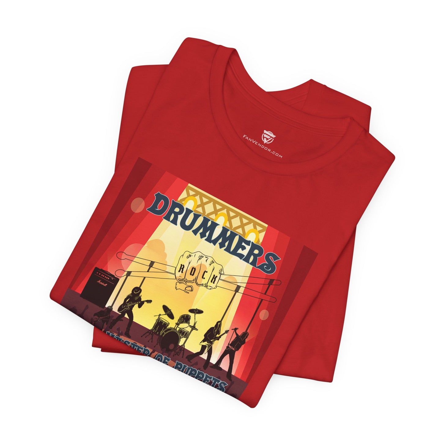 Red t-shirt with 'DRUMMERS' graphic design on a white background