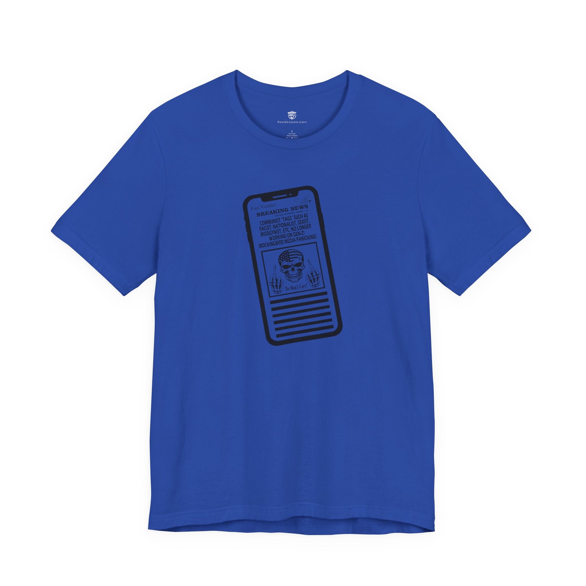 Blue t-shirt with a graphic of a smartphone displaying text on a white background