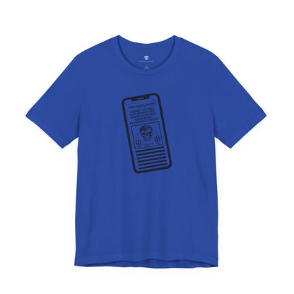Blue t-shirt with a graphic of a smartphone displaying text on a white background