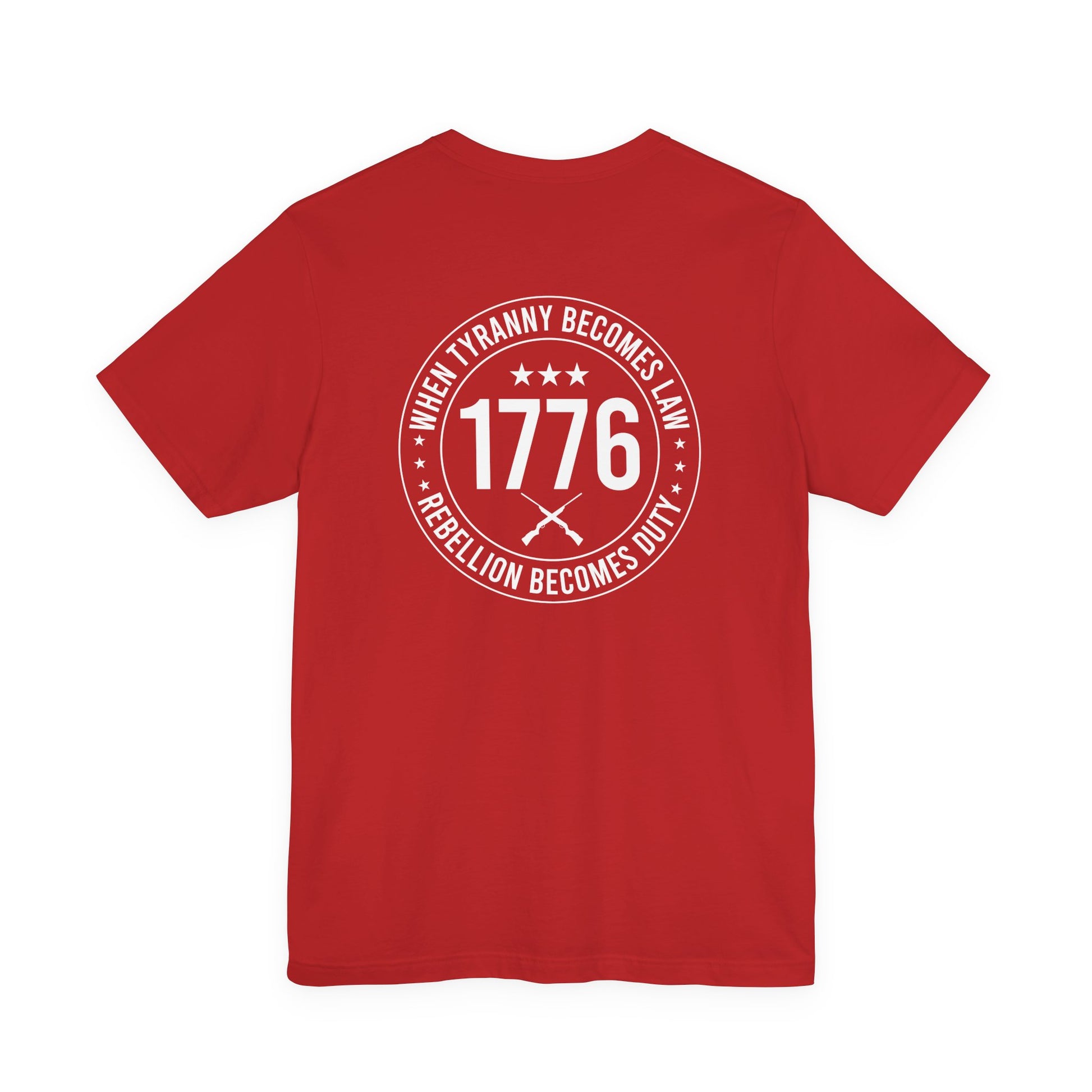 Red t-shirt with white text and design on a white background