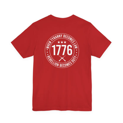 Red t-shirt with white text and design on a white background