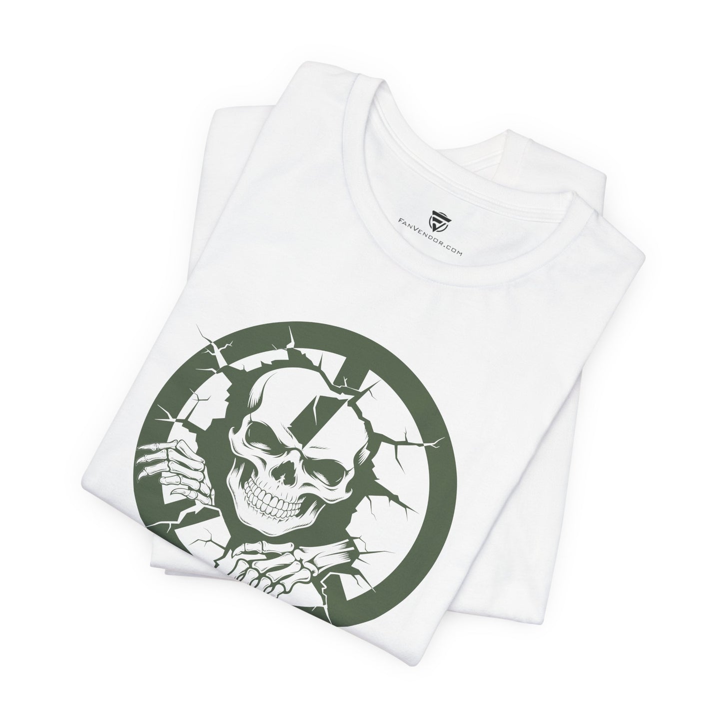 White shirt with a green and white graphic design on a white background