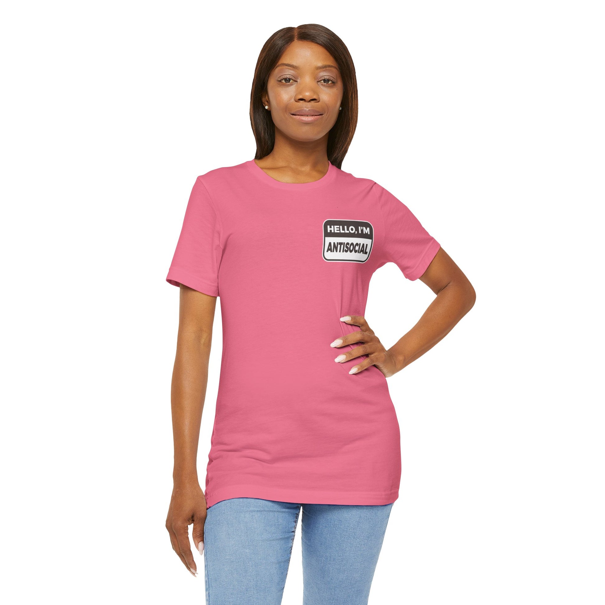 Woman wearing a pink t-shirt with text on a white background