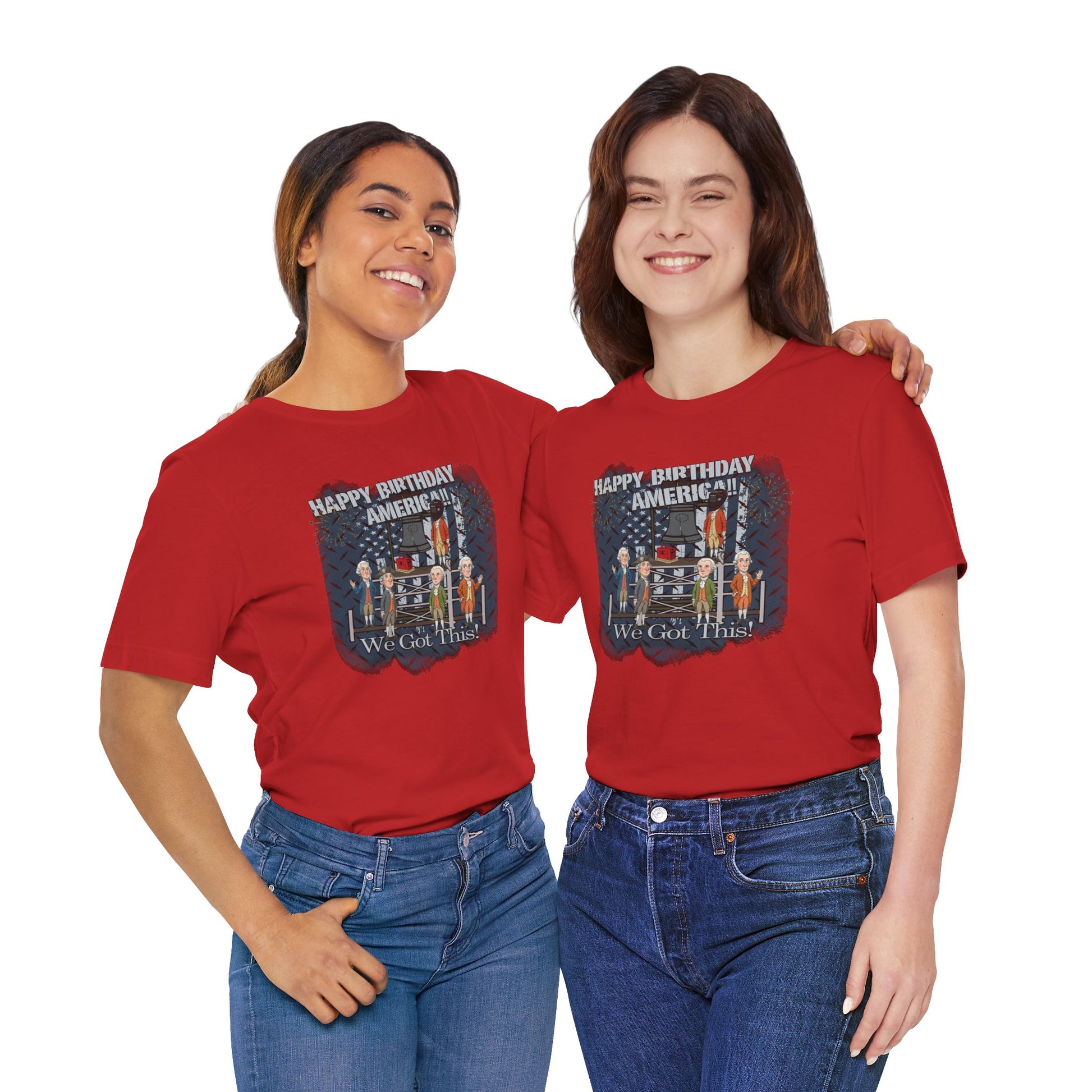 Two people wearing red t-shirts with a graphic design on a white background