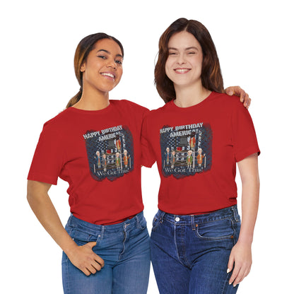 Two people wearing red t-shirts with a graphic design on a white background
