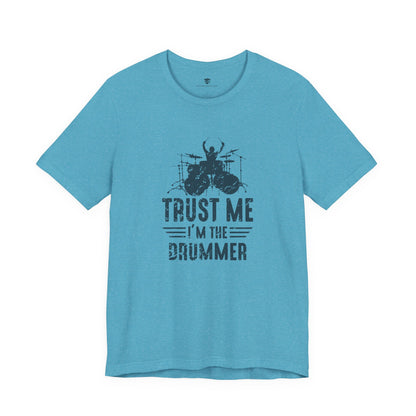 Blue t-shirt with 'Trust Me I'm the Drummer' text and graphic 