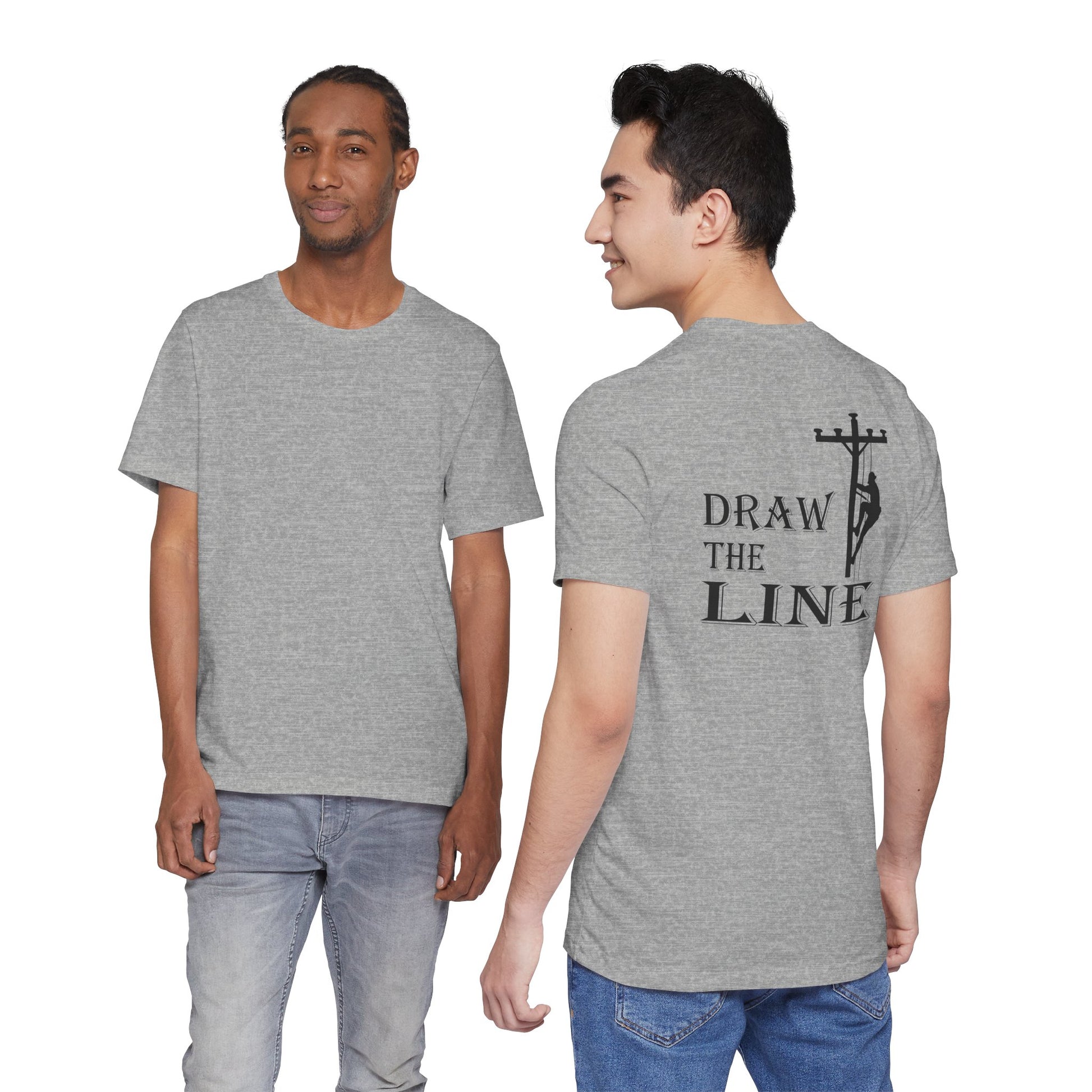 Two people wearing gray t-shirts with 'Draw the Line' design on a white background