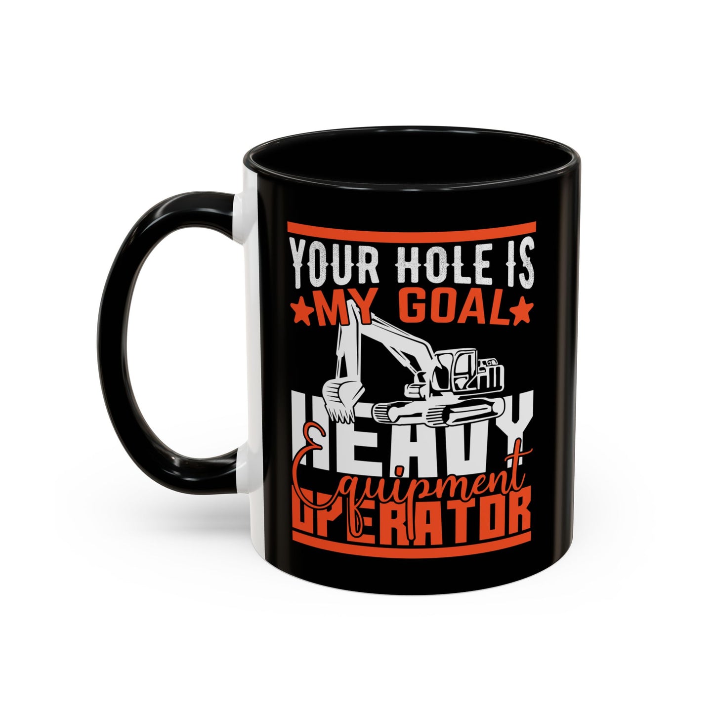 Black mug with humorous design and text on a white background