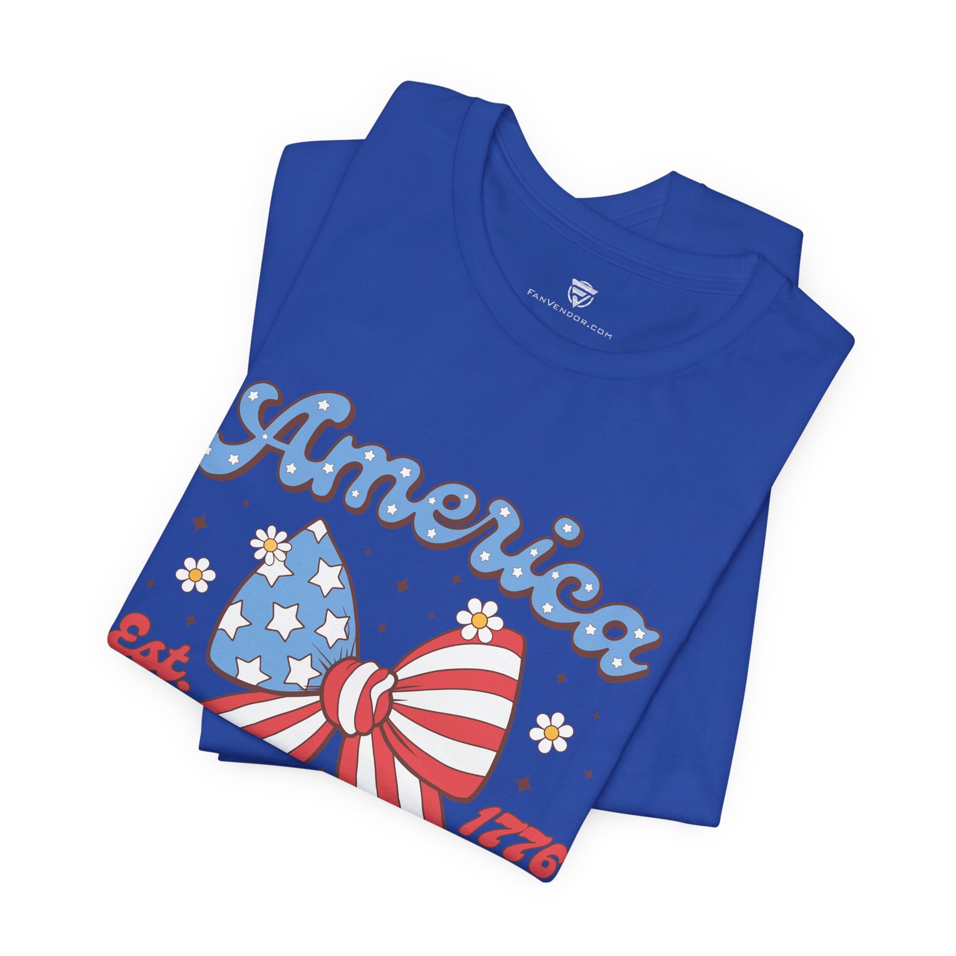 Blue t-shirt with 'America' design on a white background