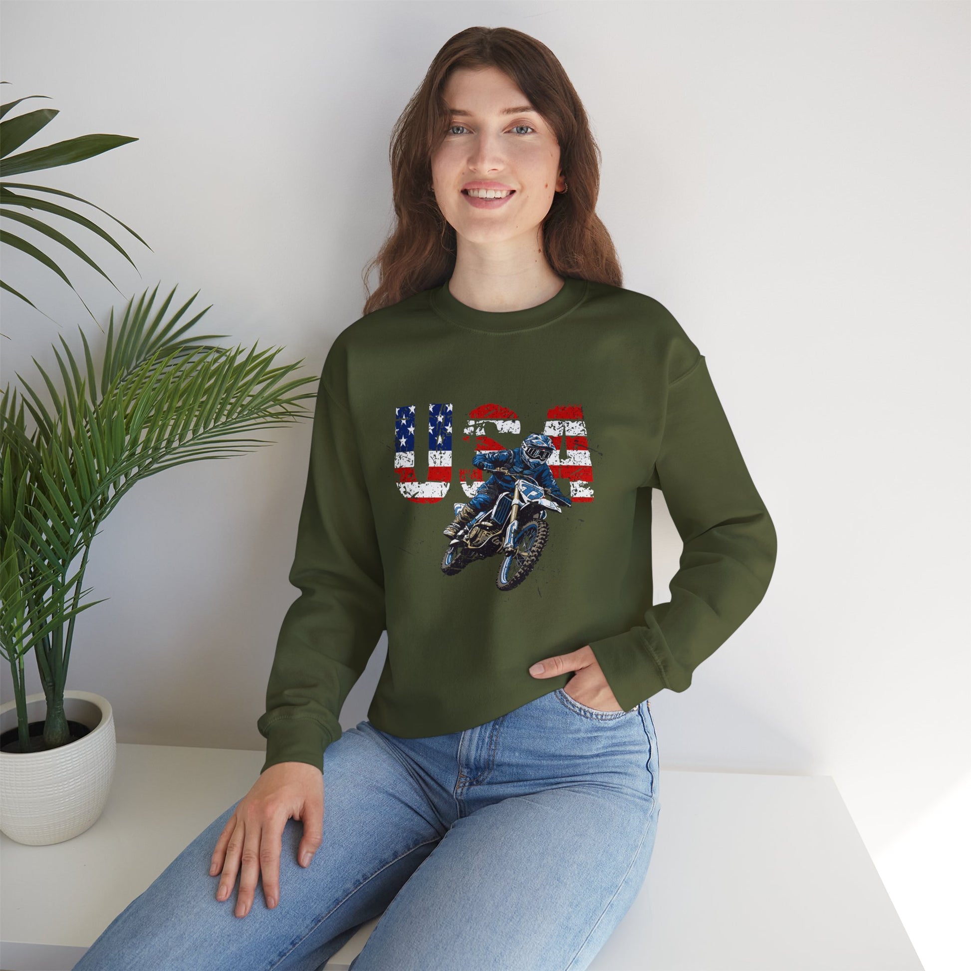 Unisex Motorcycle Sweatshirt America USA Dirt Bike Green