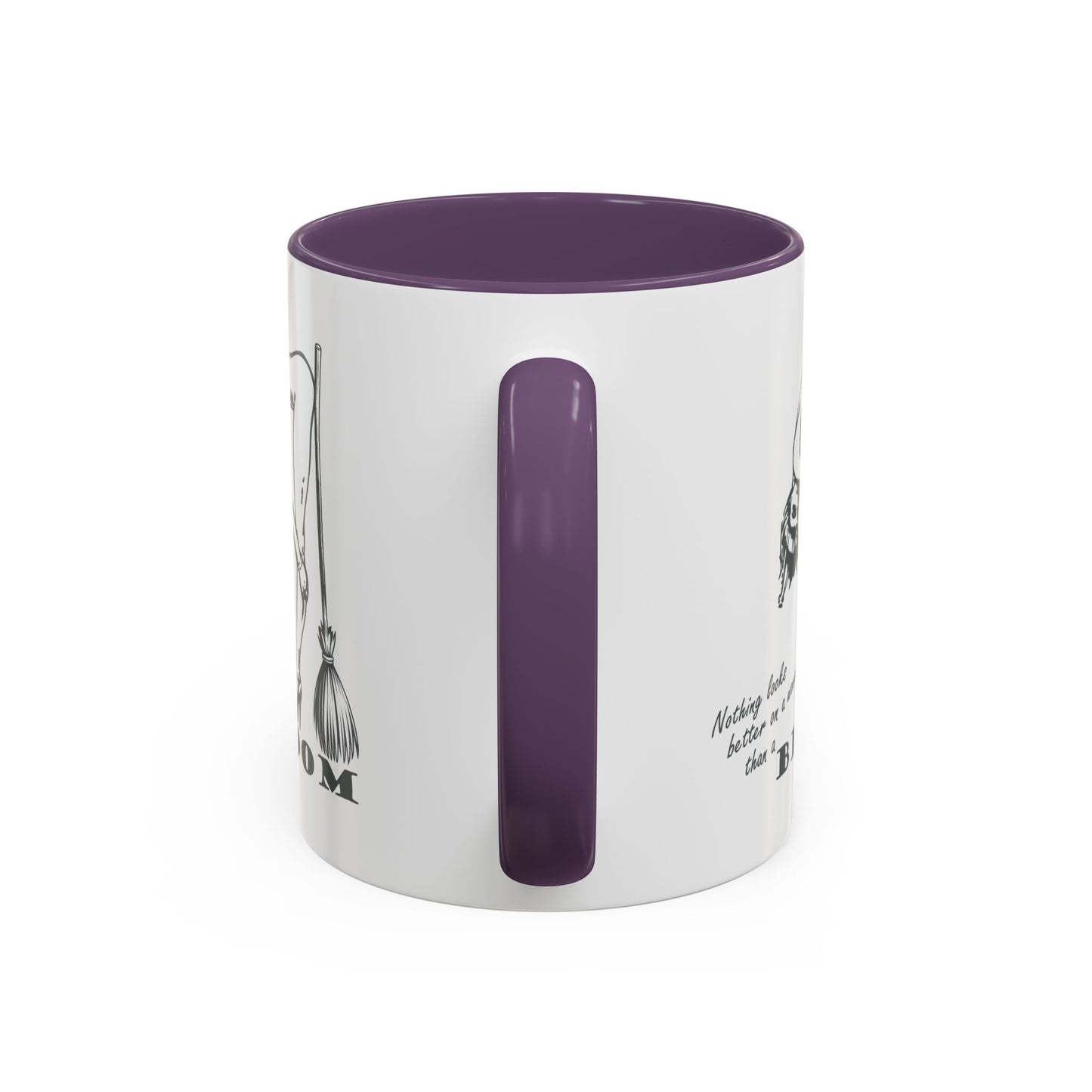White mug with purple interior and handle featuring text and graphics on a white background