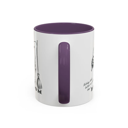 White mug with purple interior and handle featuring text and graphics on a white background