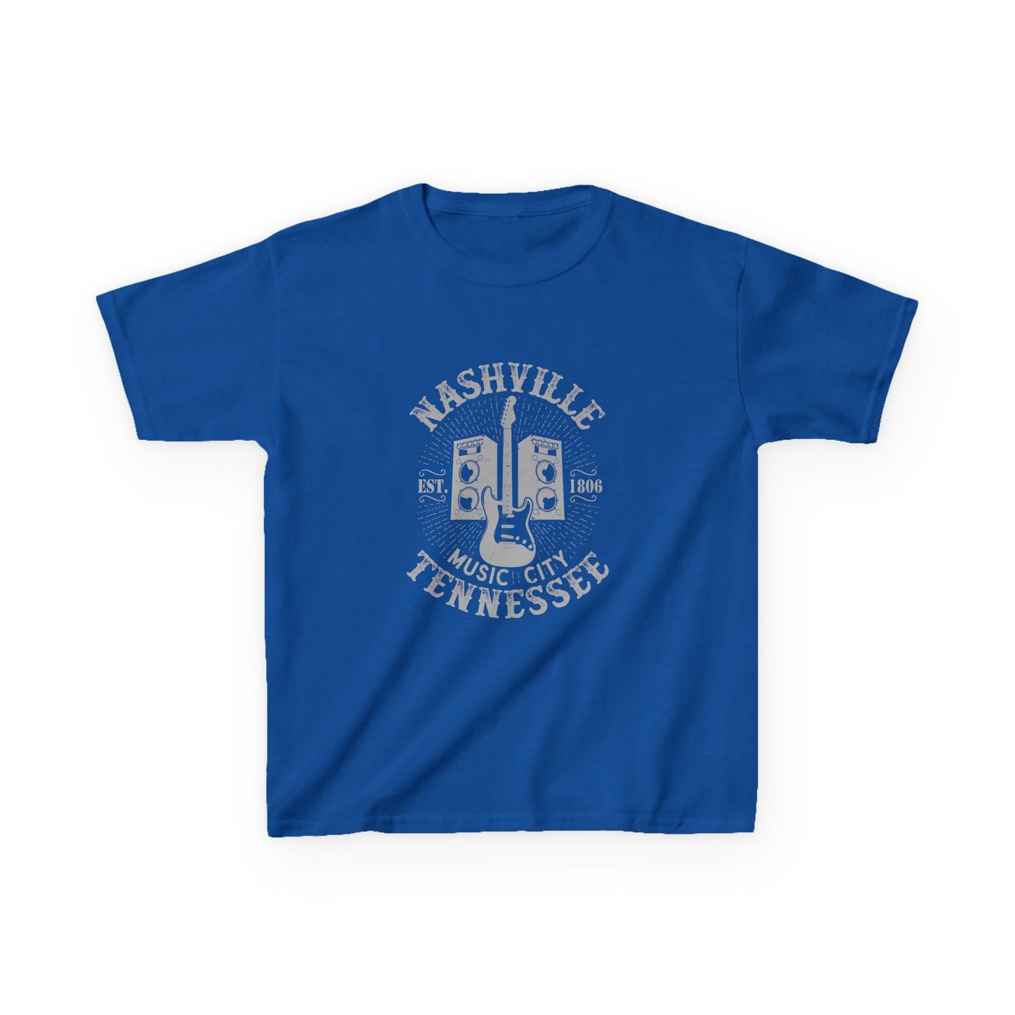 Blue t-shirt with graphic on a white background