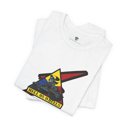 White t-shirt with a colorful graphic design on a white background