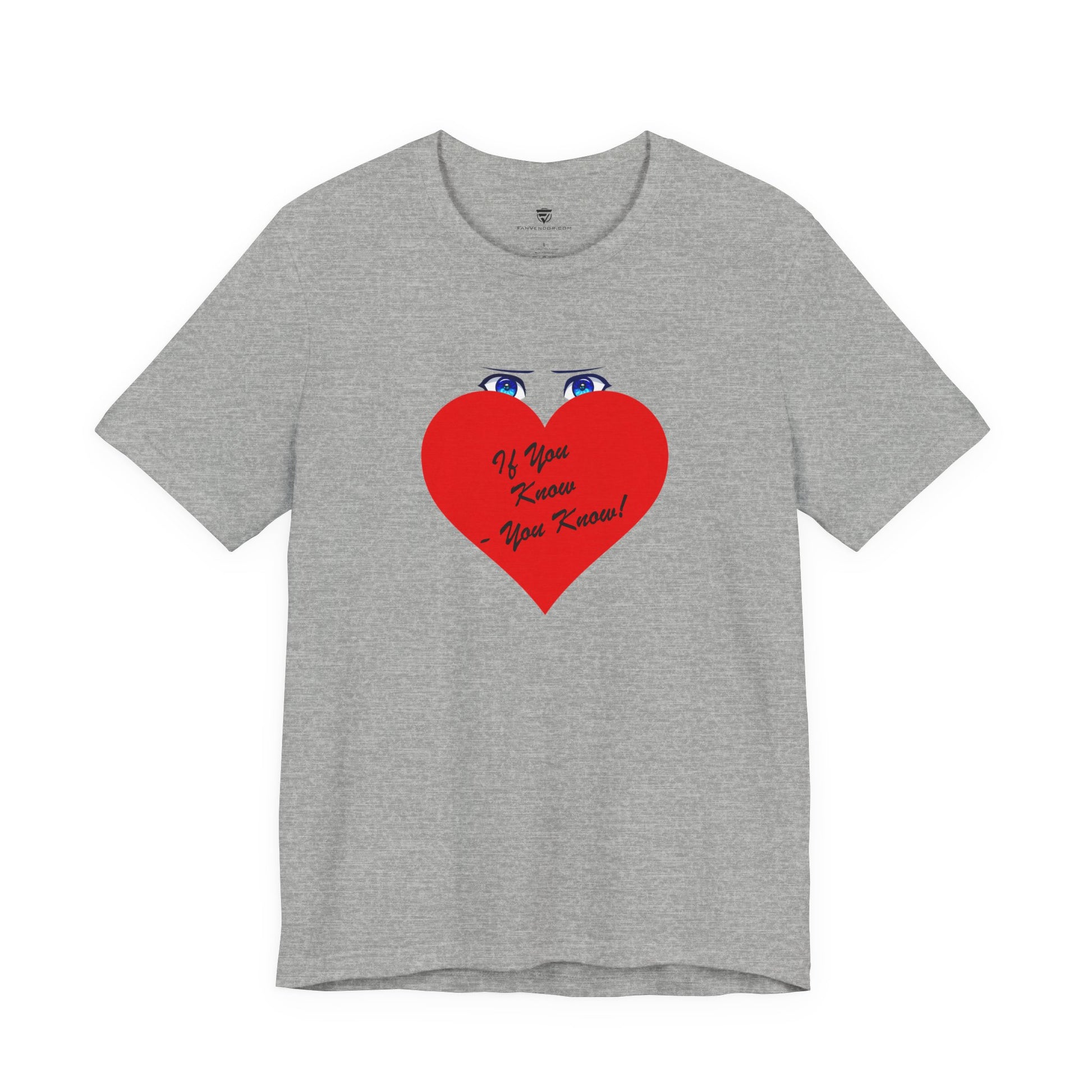 Gray t-shirt with a red heart graphic and text on a white background