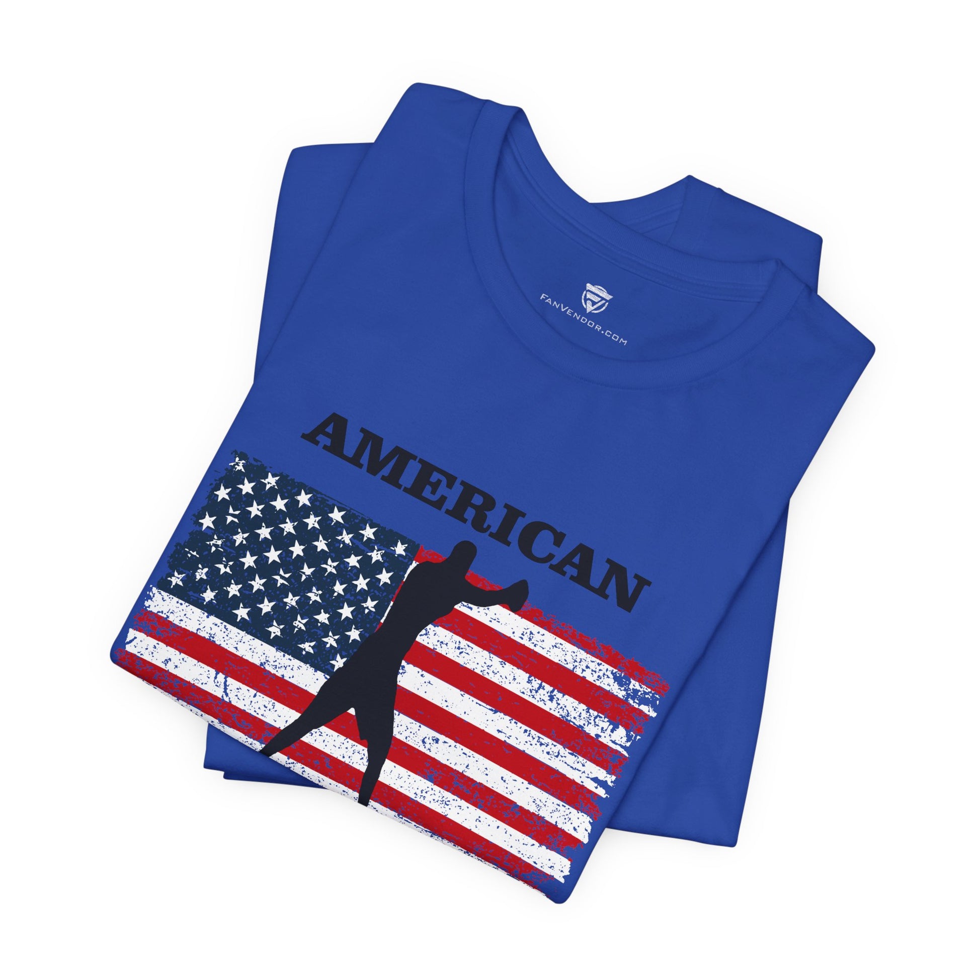 Blue t-shirt with American flag and silhouette design on a white background