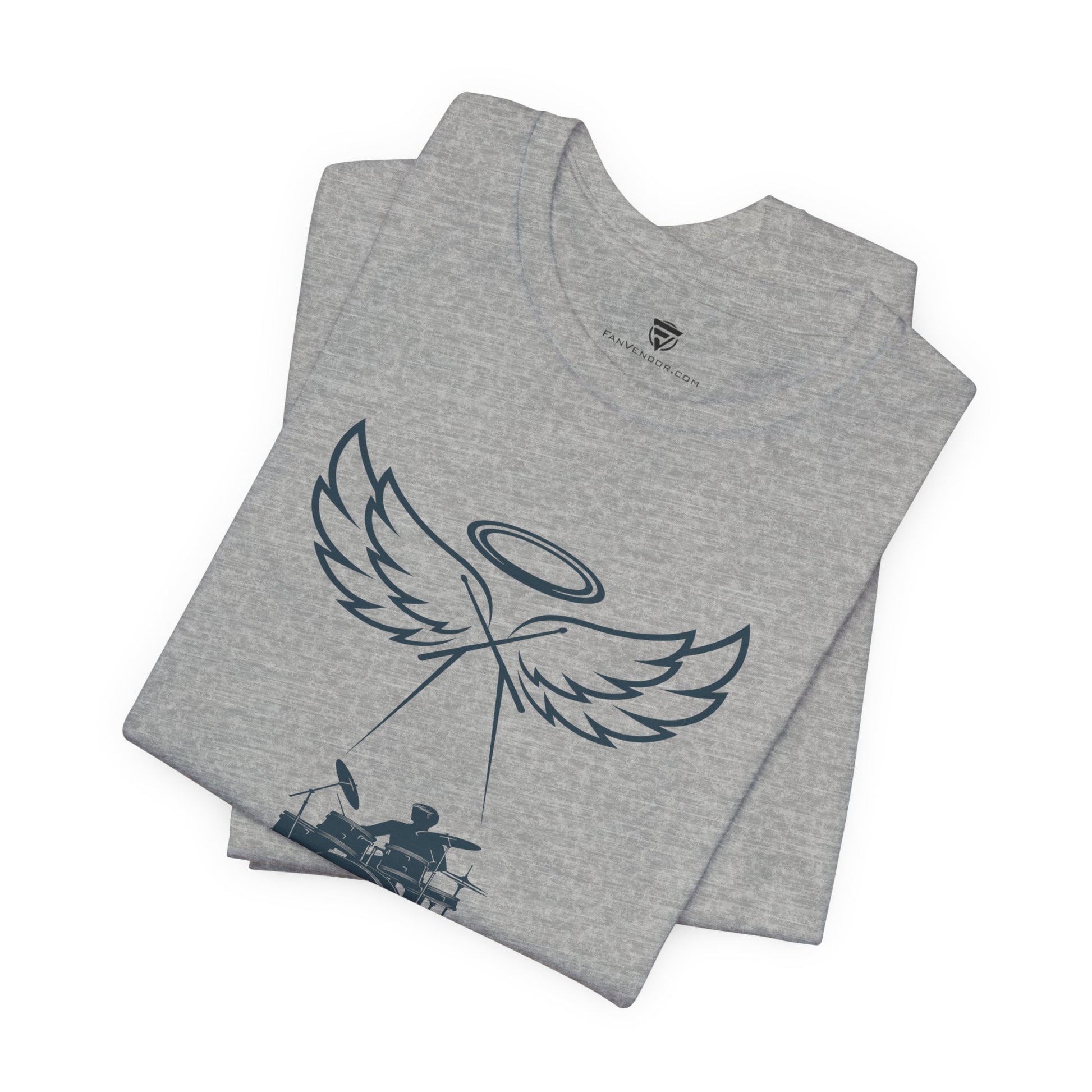Gray t-shirt with angel wings and halo design on a white background