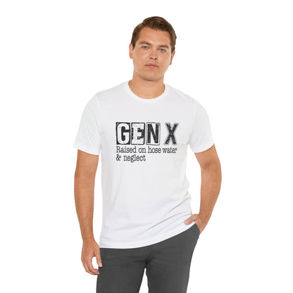 Man wearing a white t-shirt with 'GEN X' text on a white background