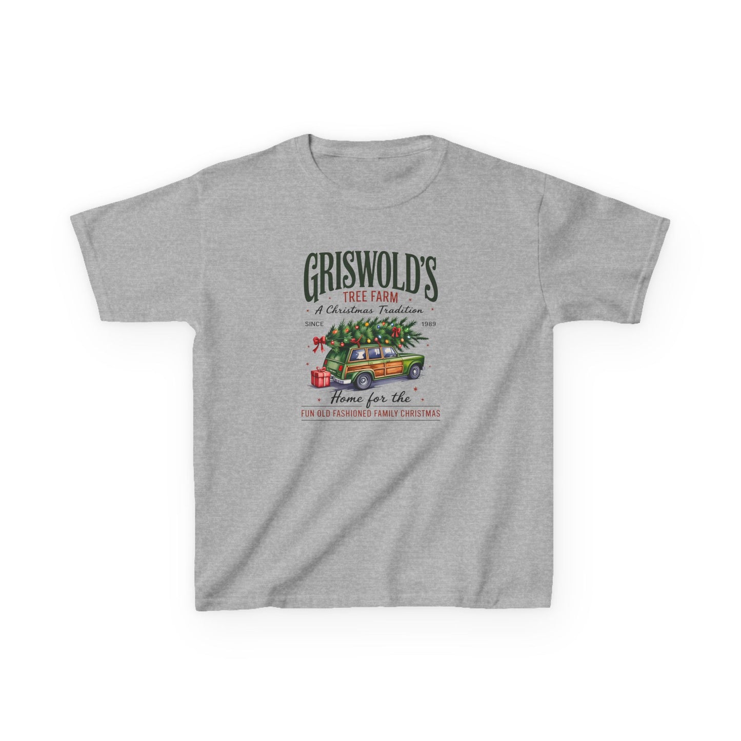 Gray t-shirt with Christmas-themed graphic and text on a white background
