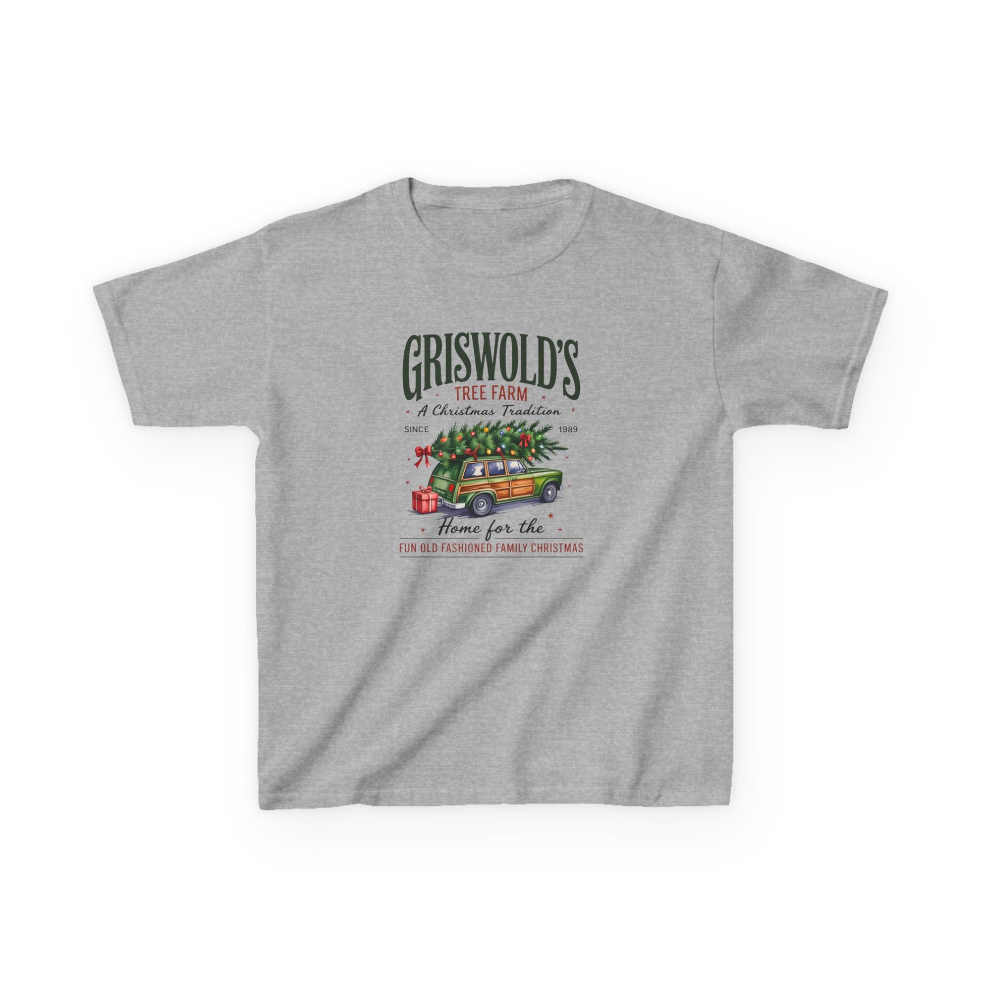 Gray t-shirt with Christmas-themed graphic and text on a white background