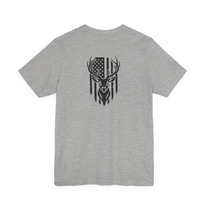 Gray t-shirt with a black deer head and American flag design on the back against a white background
