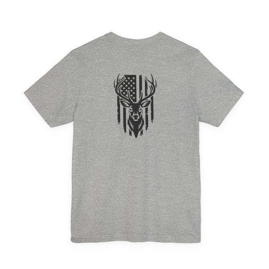 Gray t-shirt with a black deer head and American flag design on the back against a white background