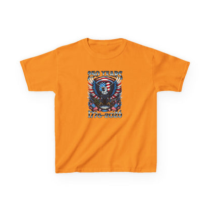 Orange t-shirt with a graphic design featuring an eagle and American flag on a white background