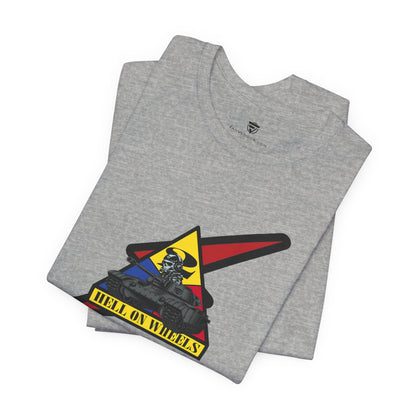 Gray t-shirt with a colorful graphic design on a white background