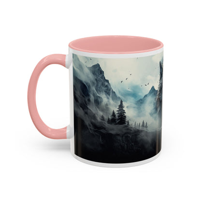 Mug with pink interior and handle featuring a mountain landscape design.
