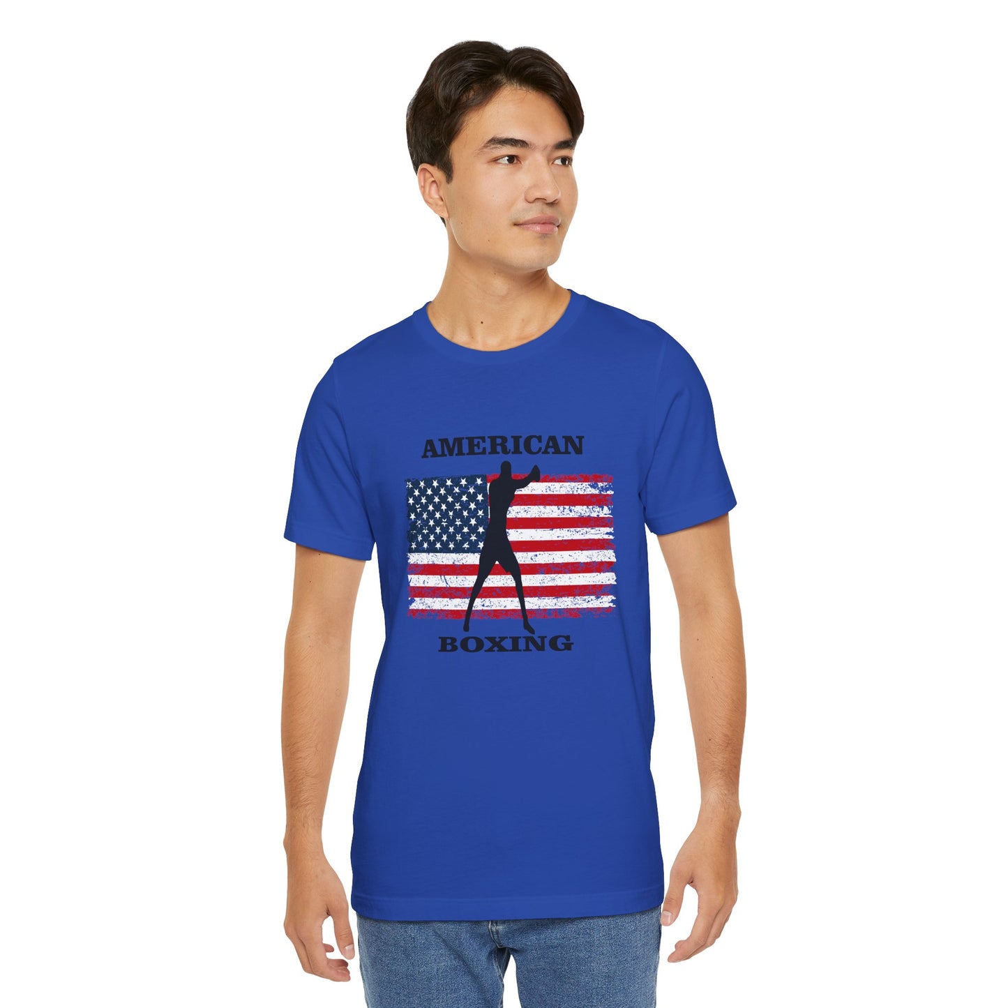 Man wearing a blue t-shirt with 'American Boxing' design on a white background